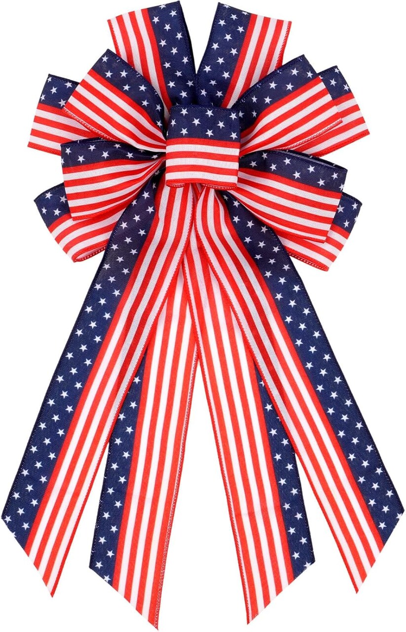 Patriotic Wreath Bow – 20.87" Large Red, White & Blue Stars & Stripes Bow with Wired Edge, Pre-Made Flag Bow for Front Door, Memorial Day, Veterans Day & Independence Day